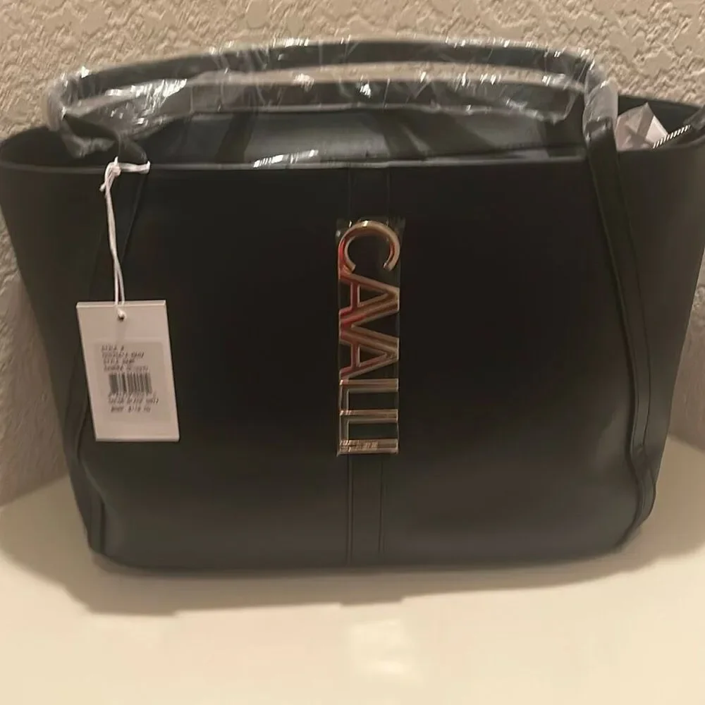 Cavalli Sandra Shopper Tote Black Onyx Gold Tone Logo Front Plate Chic NWT
